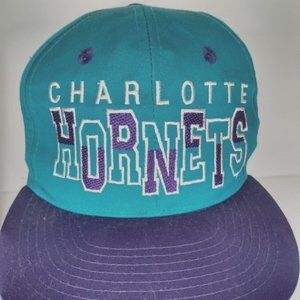 Vtg Charlotte Hornets Snapback Hat Block Letters NBA Product Teal Purple Adjust